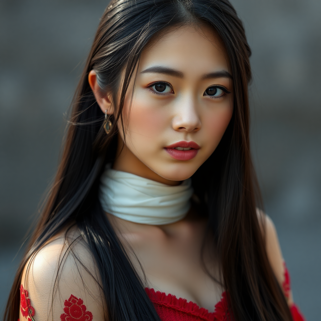 A young Mongolian woman with long, jet-black hair and extremely Asian almond eyes