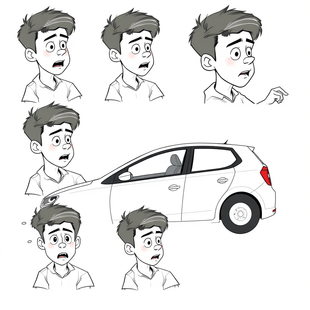 multiple views with progression, character design sheet, short, excited, embarassed, sweating, 15 year old european boy, detailed features, sitting inside a white VW Polo V long establishing shot, 2D, caricature, cartoon, Sketch lines, coloring book, coloring book style on white background, well composed, clean coloring book page, No dither, no gradient, strong outline, No fill, No solids, vector illustration, side view, vector illustration, empty space around each view, movement lines