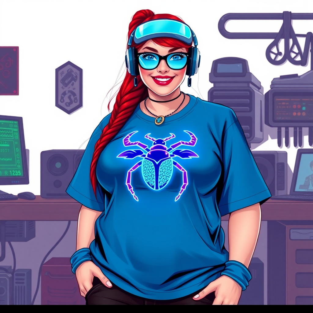 A cyberpunk vigilante’s full-figured intelligent and tech-savvy 29-year-old girlfriend, who is a computer hacker and tech genius. She has a long ruby red ponytail and bright blue eyes. She wears a sapphire beetle gemstone necklace, and an oversized maximum blue t-shirt featuring a giant neon blue glowing icon of a beetle on its chest. She has a full-figured physique with a prominently, gargantuan, well-rounded midsection, reflecting her well-cared-for lifestyle. The midsection is heavily emphasized. She sports a sapphire headset with hi-tech maximum turquoise lensed HUD visor, black eyeglasses, and a beaming smile with a passionate bright red blush. Despite her figure and a lack of self-esteem, she radiates an air of beauty. She has a slim face which contributes to her radiant beauty. She serves as his tech expert from his hideout, dutifully working at her workshop with a computer desk and tool bench. The background is solid white. She is drawn as if she was in a retro 2D cyberpunk fighting game. Ensure her shirt covers her well-rounded midsection.