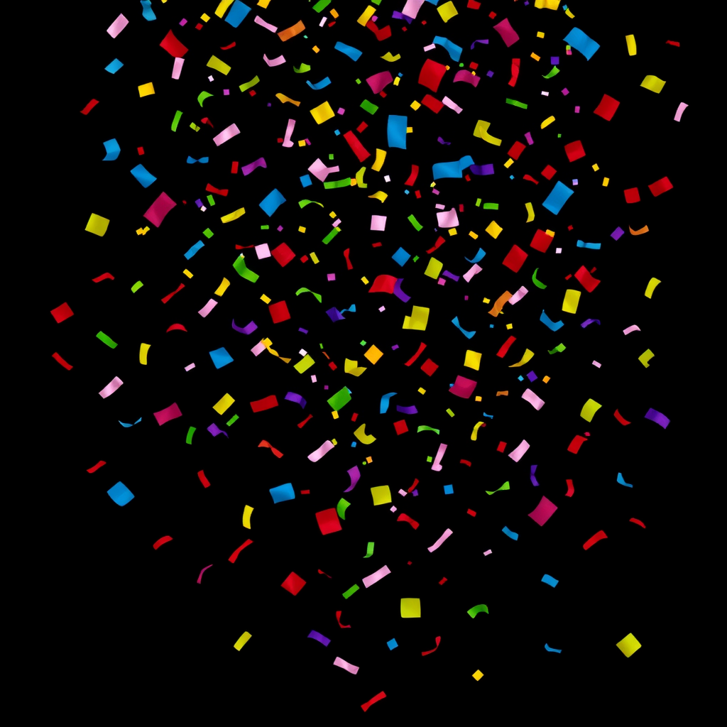 A high-resolution, dynamic image depicting colorful confetti pieces falling through the air against a plain black or dark background. The confetti should be shown in various stages of descent, creating a sense of motion and liveliness. The confetti should include a variety of shapes, sizes, and bright colors such as red, blue, yellow, green, and purple. The overall composition should have a celebratory, festive feel suitable for use as a stock photo or graphic element.