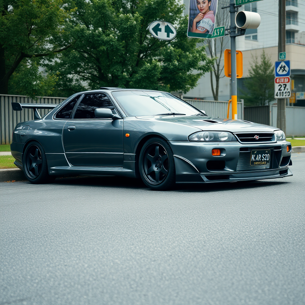 the car is parked on the side of the road, inspired by Taiyō Matsumoto, tumblr, restomod, nd4, c4 metallic shine gray black nissan skyline r34 kalabalik tokyo gece arkaplan