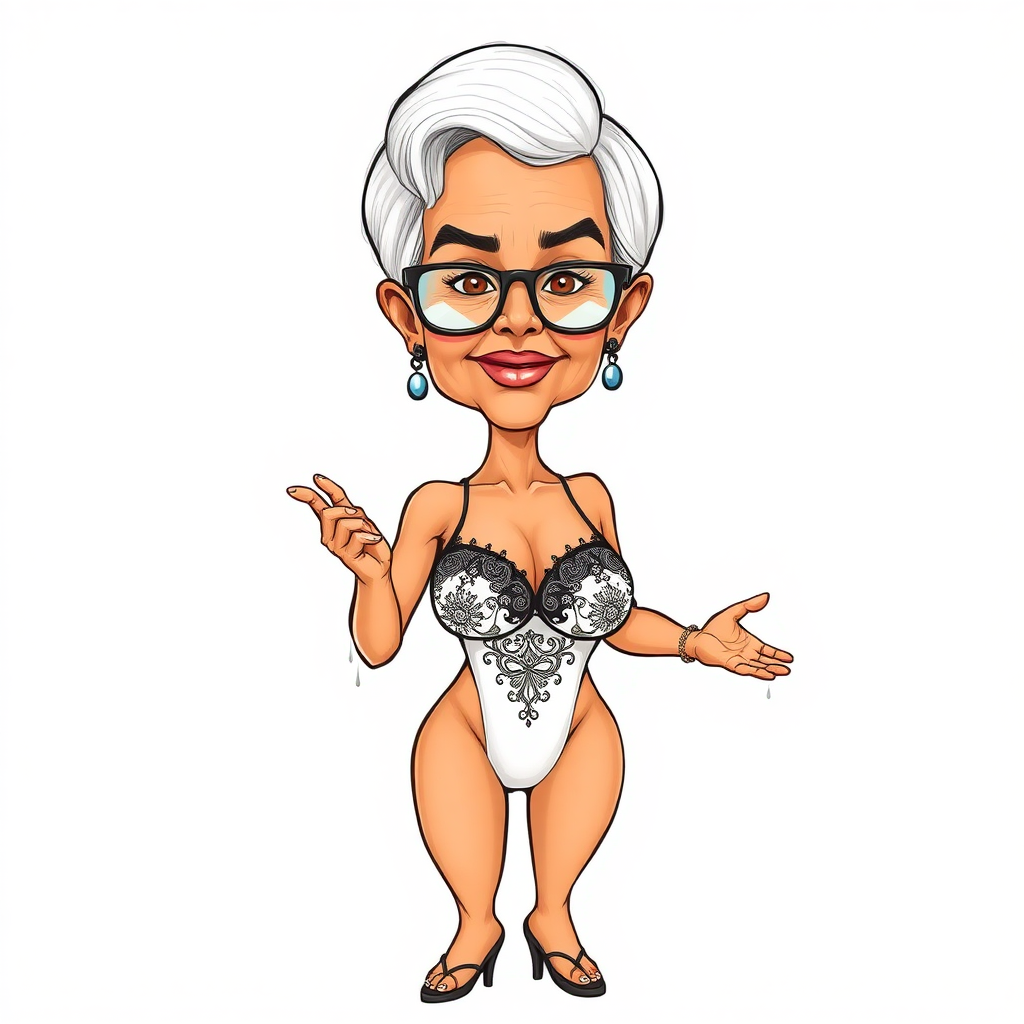 a towering 55 Years old, fit, slim, European, Latina, sharp aquiline nose, wrinkles, high cheekbones, Middle Eastern, Skinny, Tanned skin, Dark light skin, Rounded Medium breasts, Skinny thighs, full Makeup, jewelry, Serious face, Sharp nose, Ash hair, short bowl haircut, Brown eye color, Glasses, with detailed features. she is wearing embroidered black mesh balconette bras and a tight white high cut 1980s cut out swimsuit, detailed fabric.  full body, high heels sandals, she is gesturing at the viewer, sweating, 
long establishing shot, 2D, caricature, cartoon, Sketch lines, coloring book, nlack and white, coloring book style on white background, well composed, clean coloring book page, No dither, no gradient, strong outline, No fill, No solids, vector illustration, realistic proportions