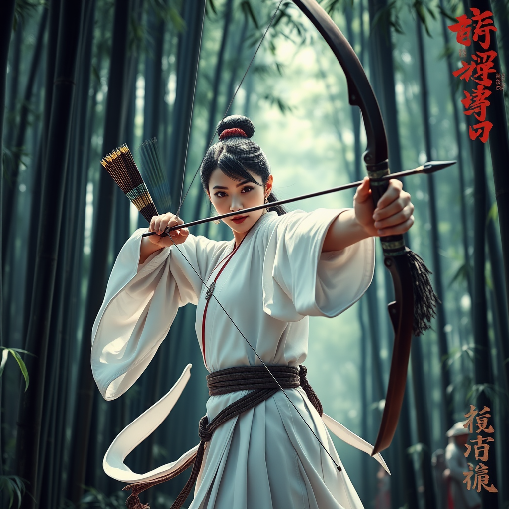 From the perspective of the whole body, a beautiful woman in the Tang Dynasty of China, a chivalrous woman, dressed in white, pulled a bow and arrow in the bamboo forest. Movie poster, game cg. Complete bows and arrows, not incomplete bows and arrows.