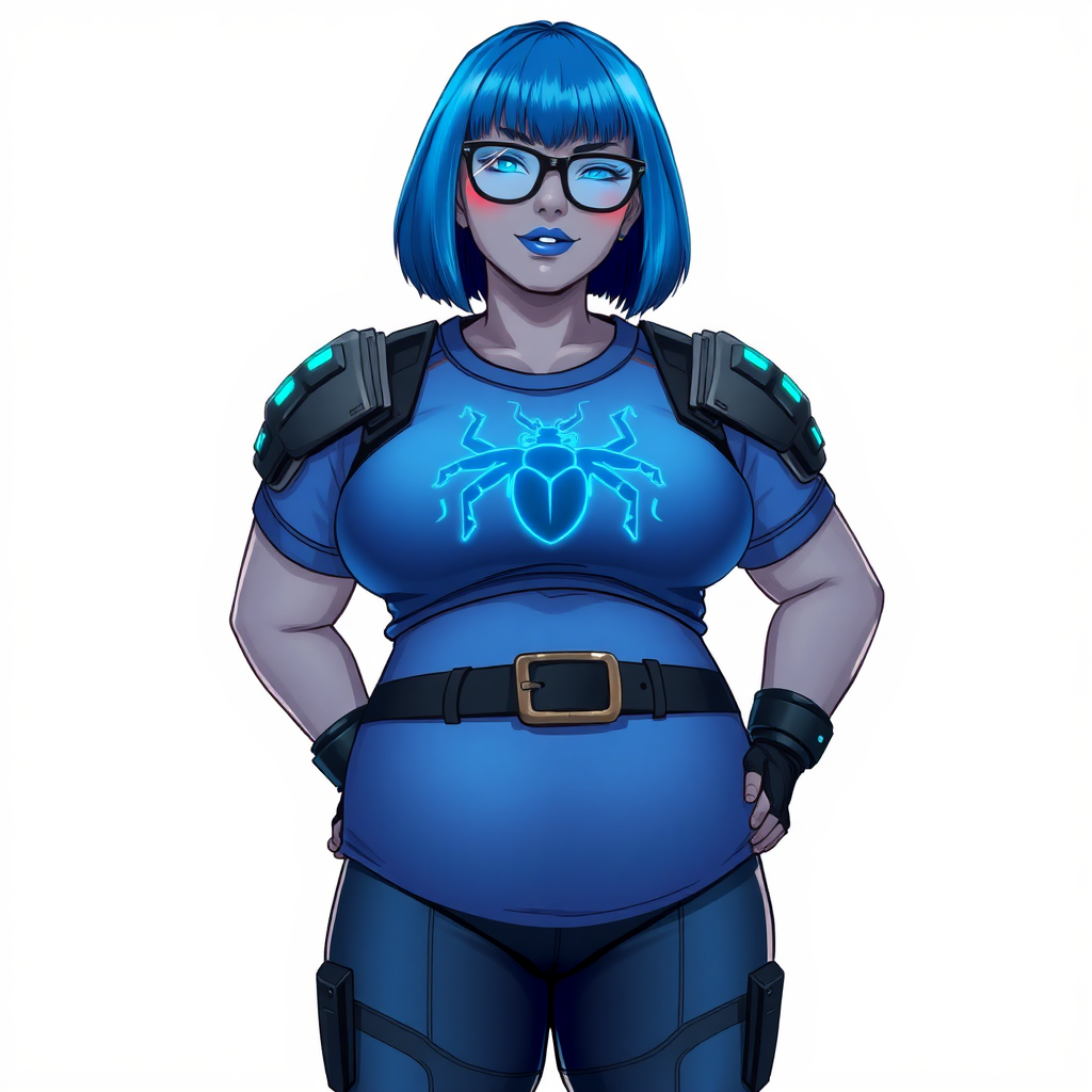 A 28-year-old, full-figured, middle gray skinned computer program hybrid with a maximum blue bob cut. She has a non-athletic build, highlighted by a prominent, round, large midsection (with emphasis on her belly), which shows the aftermath of her pampering. As the heavily pampered digital sidekick to her cyberpunk vigilante boyfriend, her middle gray metallic skin and maximum blue lipstick emphasize her digital nature. She wears a digital, computerized costume consisting of a huge, tight-fitting, maximum blue t-shirt with a neon blue glowing chest icon of a beetle, hi-tech shoulder pads with neon blue accents, a black hi-tech belt with a digital neon blue glowing buckle, digital maximum blue biker pants with neon blue accents, and black hi-tech fingerless biker gloves with neon blue glowing accents. Her neon blue glowing eyes, black eyeglasses with a neon blue glowing HUD built in its lenses, and shy smile with neon red blush accentuate her nerdiness. She stands bashfully with her hands behind her back, her costume covering all her skin and emphasizing her full-figured physique (especially her belly). She is clearly non-athletic, with a focus on her full-figured physique. Despite her build, she radiates beauty. She has a slim face compared to her physique, accentuating her radiant beauty. She is on a solid white background. She is drawn as if she was in a retro 2D cyberpunk fighting game.