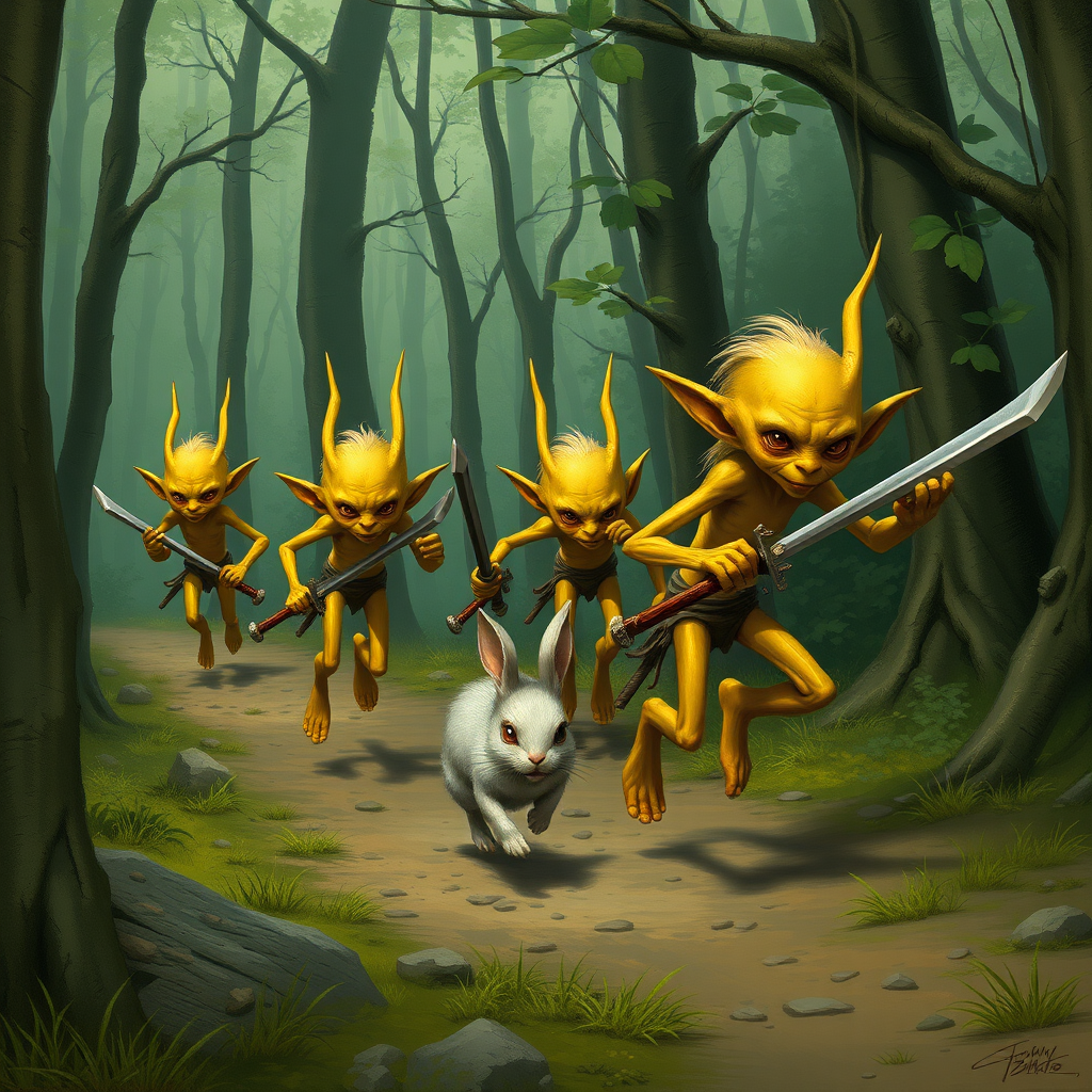 Several skinny, yellow goblins with wooden swords chasing after a fleeing bunny along a forest path