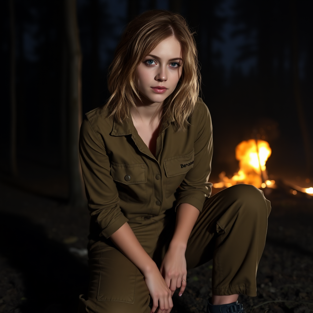 A twenty something female like Ana de Armas, athletic, medium length wild strawberry blond hair, in a brown jumpsuit, wearing a military uniform name tag sewn on her left chest pocket that says "Benaenae". She is crouching in a forest at night, explosions in the background and trees all around.