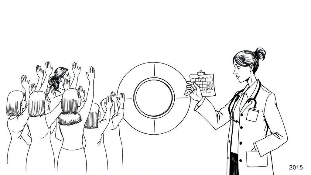 Create an image with two sides but no line in between, on the left there are 10 women in ages 40 to 70 years old raising one hand because they want the only spot that is available at the clinic to perform MRI, on the right side, the woman doctor who has calendar in the hand is stressed about deciding who will get the spot. The style is a minimalist drawing with only black ink.