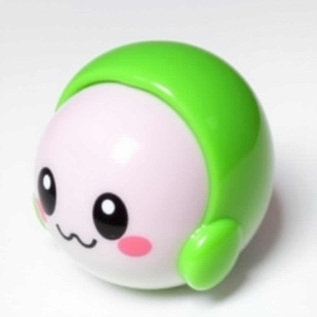 A small, adorable green object with a smooth, glossy surface, soft rounded edges, and a playful design, reflecting a toy-like charm or whimsical nature.