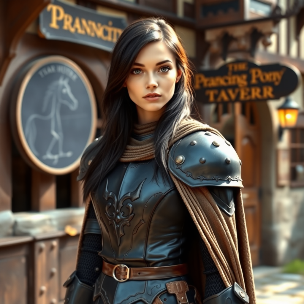 beautiful young woman, dark hair past her shoulders, blue eyes, small, slim figure, wearing full leather armor suit, long cloak, standing next to medieval tavern with a sign: "Prancing Pony".