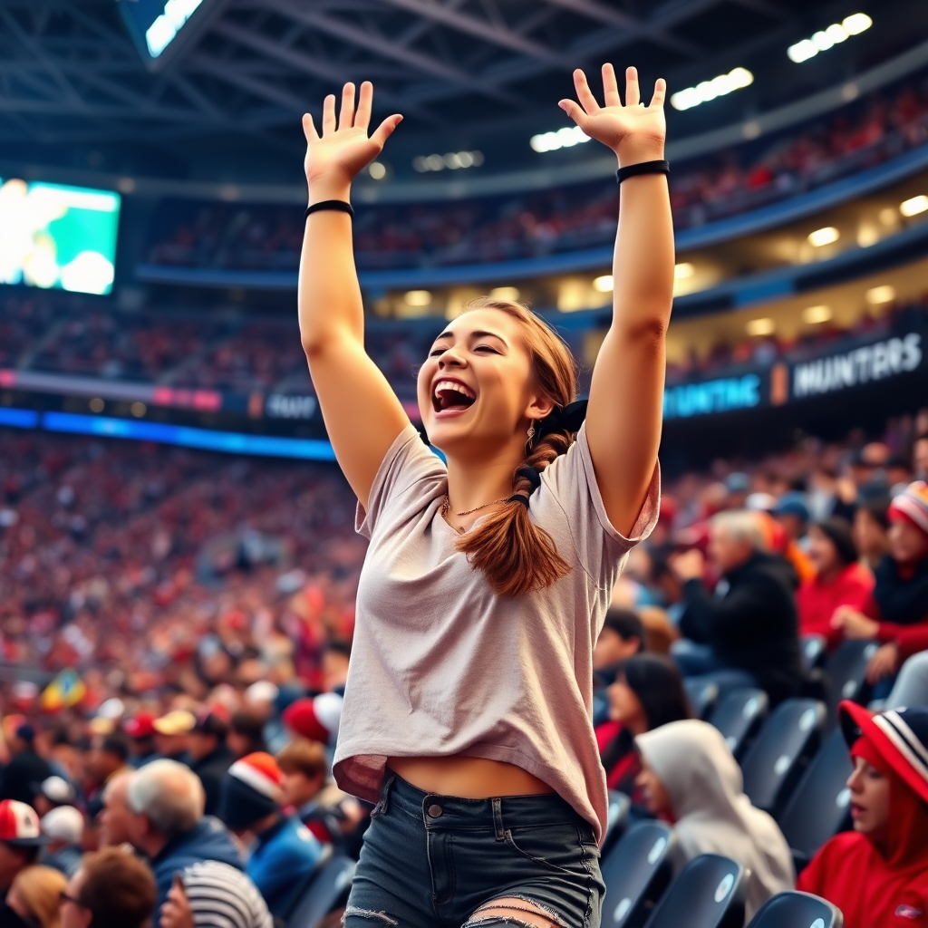 Attractive female NFL fan, pigtail hair, hollering, arms raised, jumping in crowded bleachers, NFL stadium