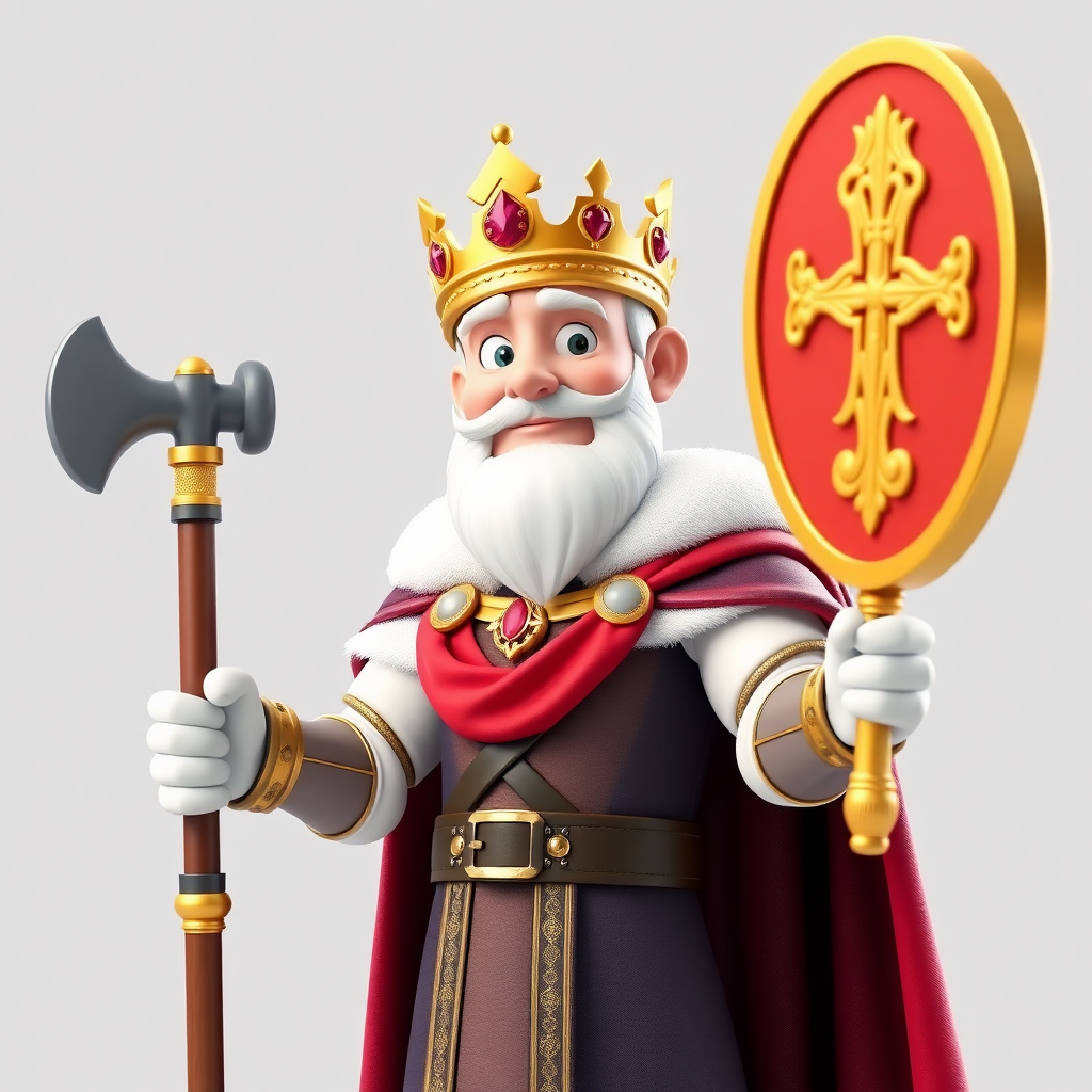 King holding a mace in his hand and not wearing any Crown on his head.  
3d Animation. Vibrant