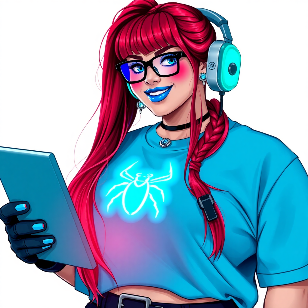 A full-sized, intelligent and tech-savvy 28-year-old computer hacker and tech genius. She has a long ruby red ponytail. She wears maximum blue lipstick, blue eyes, a sapphire beetle gemstone necklace, sapphire earrings, black eyeglasses, hi-tech power gloves, and a gigantic oversized maximum blue t-shirt featuring a neon blue glowing beetle chest icon. She has a full-figured physique with a prominent, gargantuan, round midsection, reflecting her well-cared-for lifestyle. She sports a sapphire headset with a hi-tech maximum turquoise lensed HUD, and a beaming smile accentuated by a passionate neon red blush. She serves as his tech expert from his hideout, holding a futuristic tool wrench and a futuristic digital tablet. The background is solid white. She is drawn as if she was in a retro 2D cyberpunk fighting game.