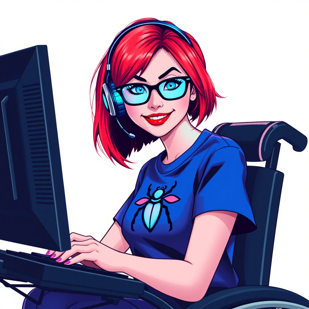 A nerdy, 28-year-old computer hacker in a wheelchair, with a unique, fiery crimson bob cut, maximum blue lipstick, and piercing blue eyes. She wears a maximum blue t-shirt adorned with a maximum turquoise chest icon of a beetle. Her accessories include a sapphire headset, sleek black eyeglasses, a lovestruck smile, and neon red blush. She serves as her vigilante boyfriend’s tech expert from his secret hideout, diligently working at her computer. The background is a solid white. She is drawn as if she was in a retro 2D cyberpunk fighting game. Ensure her hair color is distinct from DC’s superheroine Oracle and any other character.