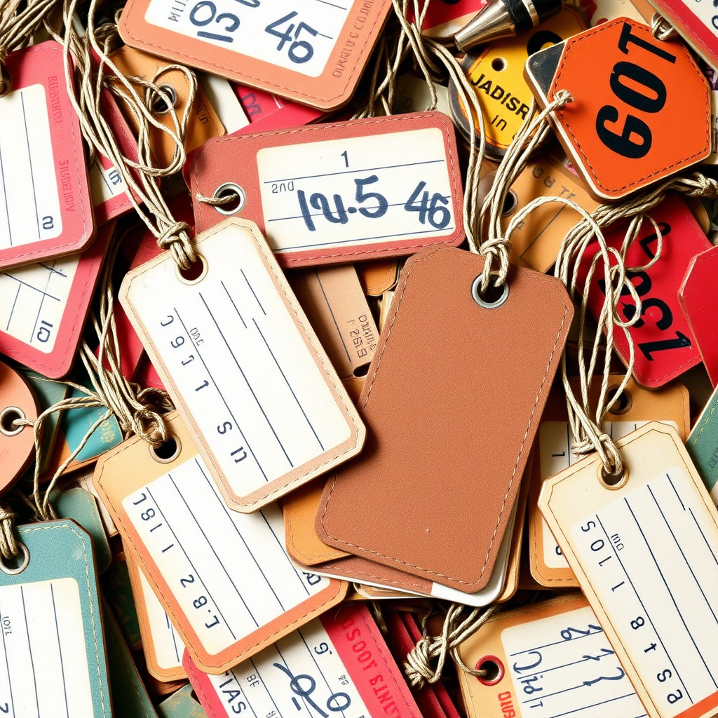 a pile of luggage tags from 1970s