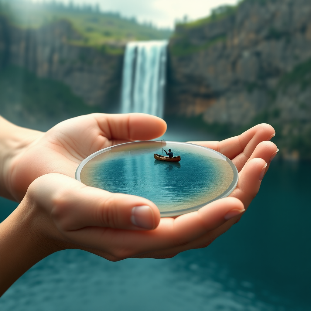 create a 16k resolution, highly detailed and realistic image showing a pair of human hands gently holding a miniaturized lake. On the lake surface, there is a canoe with a fisherman, casting his line leisurely. Above the hands, there is a cliff, and from this majestic height, a roaring waterfall cascades down, seemingly feeding into the lake held within the palms. The entire scene should give off a surreal, magical vibe, creating an illusion that a piece of a beautiful, serene landscape is cradled in human hands