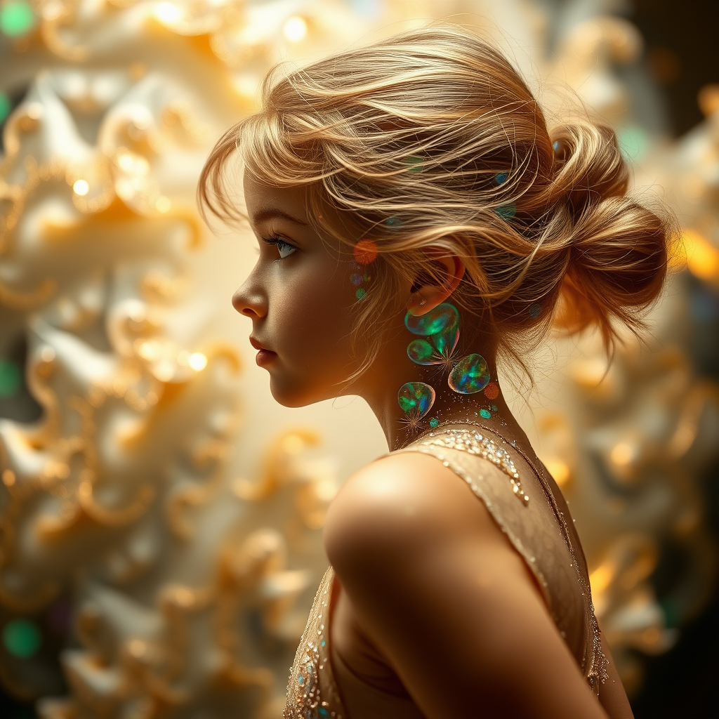 preteen girl in dynamic pose, in profile, abstract, mandelbulb fractal, ultra-detailed, dynamic composition, artistic photograph, fractal, brilliant colors, glittering, translucent, opal, gold, sharp focus, floral, mother of pearl, iridescent, natural, glowing, Bokeh