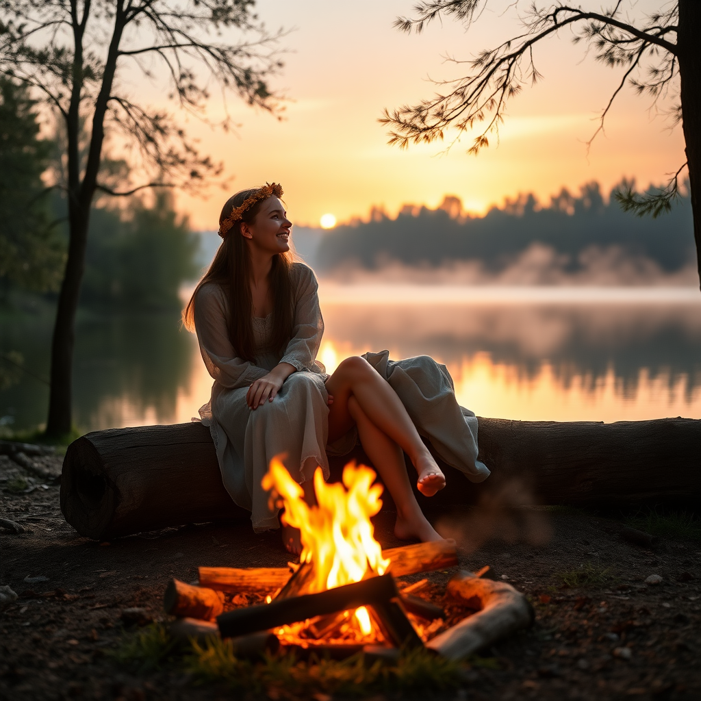 A young woman and her male friend sitting on a trunk. A fireplace is on the ground at the shore of a lake. She has long brunette hair. She is wearing a dress. Barefoot. They are laughing together. The sinking sun is falling through the trees. A little fog is rising from the lake. Light like in a fairy tale, romantic. Medieval clothes. Photo.