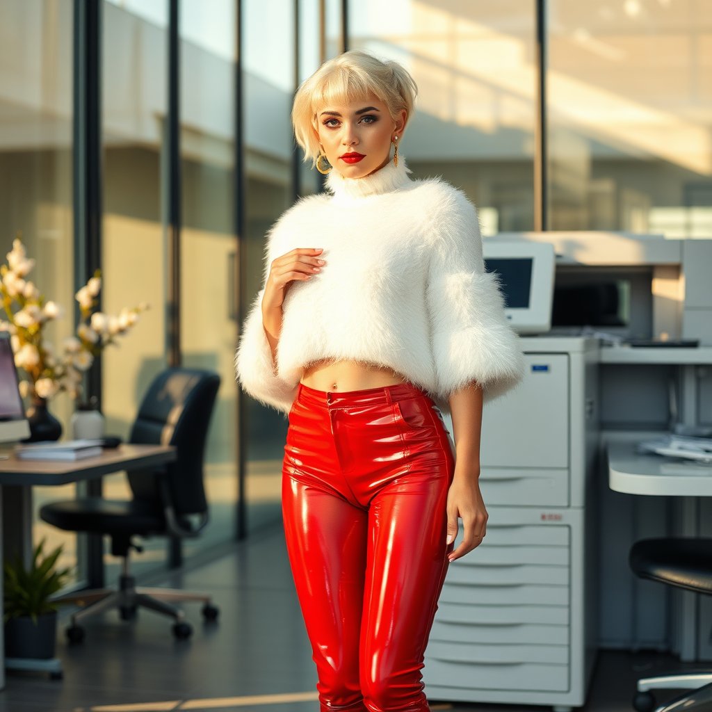 Sunny spring morning, modern glass-steel-concrete office, standing gracefully at Xerox: Nina, 17 years old very convincing femboy, tamed servile docile, very beautiful feminine flawless face, rather short, by hormones very curvaceous womanly figured, platinum blond short tight curls, French nails, bold red lips, heavily made-up face, wearing Supertanya-style fluffy very fuzzy bright white angora turtleneck-poncho cropped ending under bust, bright red vinyl tight shorts, opaque silk pantyhose, purple shiny vinyl OTK-boots with golden high heels, white pearl belly piercing, gold earrings, seductively looking at camera. Full view.