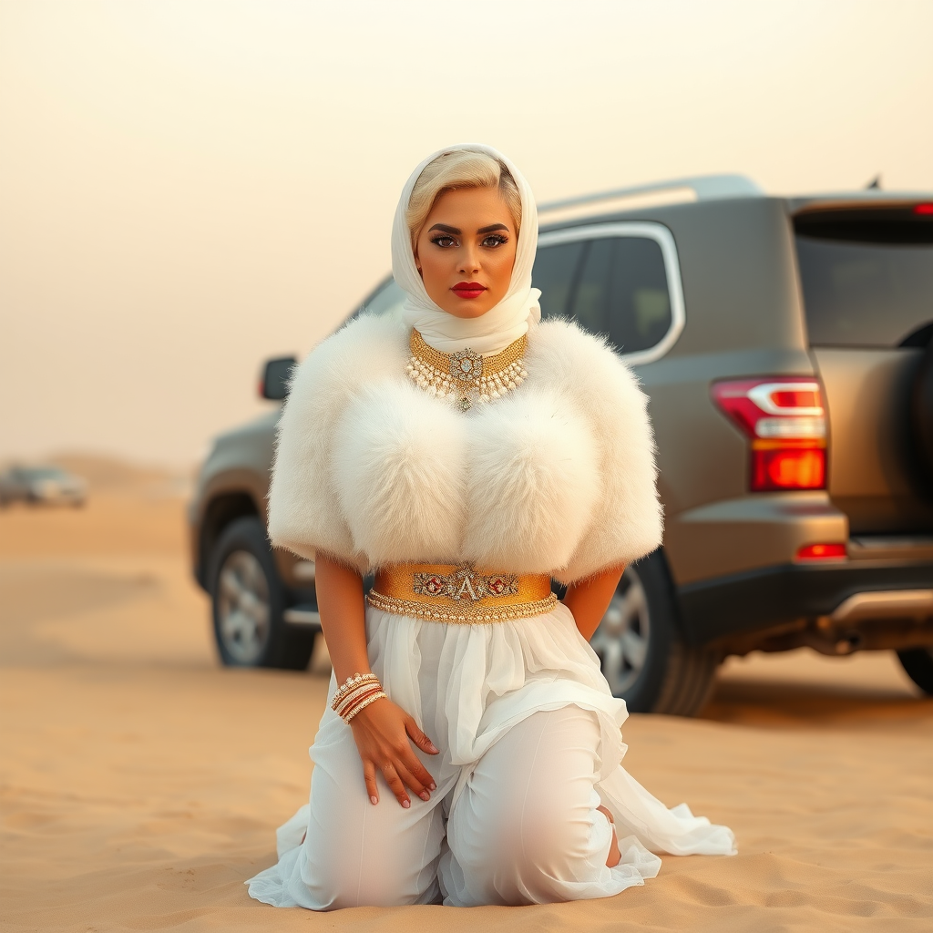 Kuwait desert dunes misty dawn, full size luxury SUV: Melissa, European 17 years old very convincing femboy “trophy-bimbo”, tamed servile docile, very beautiful feminine flawless face, rather short, by hormones very curvaceous womanly figured, platinum blond short tight curls, bold red lips, heavily made-up face, wearing Supertanya-style fluffy very fuzzy bright white angora turtleneck-poncho cropped ending under bust decorated with pearls and gemstones, striking oriental wide gold bridal protection belt, white fully transparent harem pants, full Oriental bridal jewelry including headpiece, white transparent Burka face veil, coin anklets, striking diamond “$$$” letter brooch on left chest, pout frustrated, hands tied behind back, kneeling in sand in front of SUV, looking at camera. Focus on face and turtleneck-poncho.