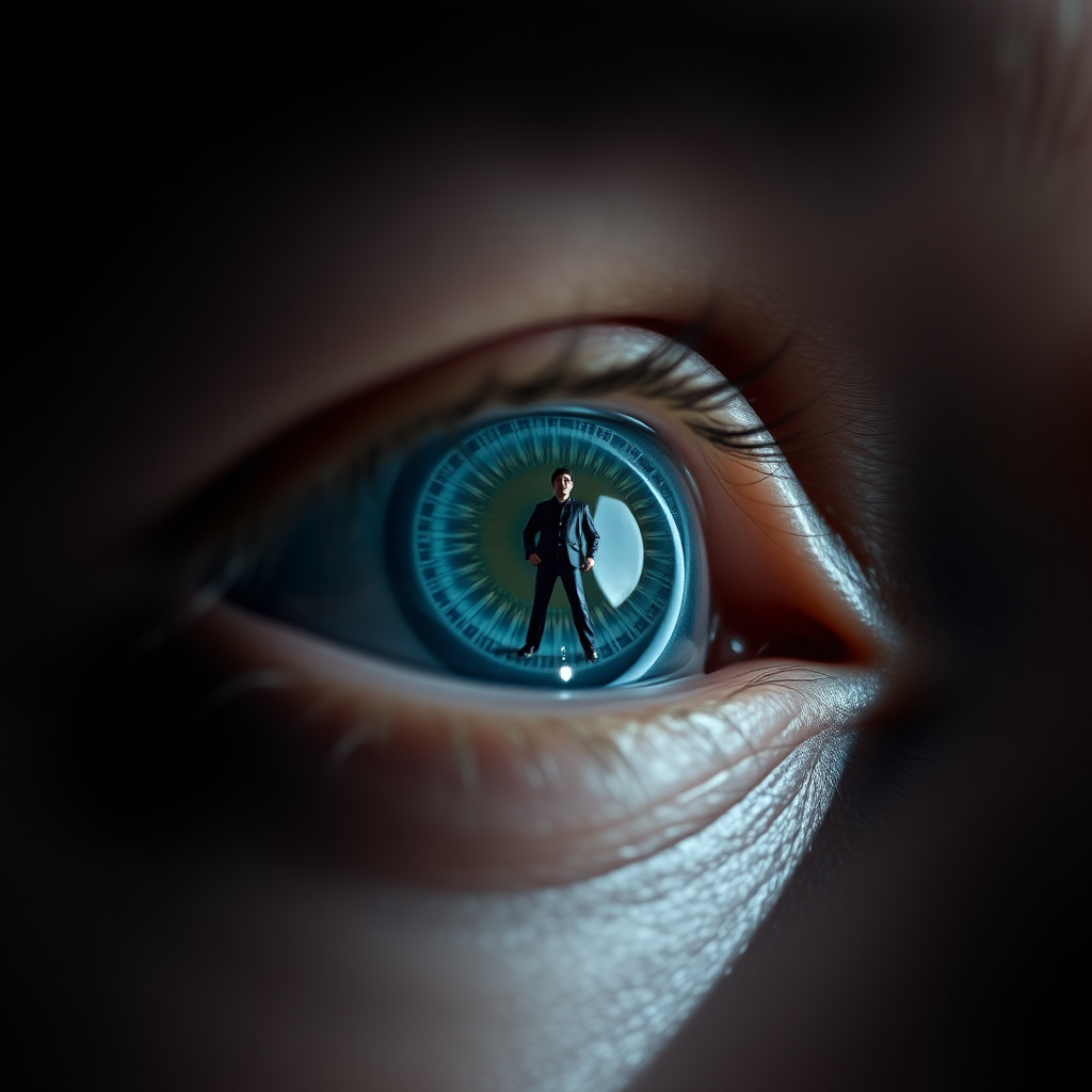 A close-up of eyes with lenses, with clear skin texture visible. The eye lens have traditional blue and white design with a miniature man, trying to jump inside the lens looking like well. The composition emphasizes the eyes and its design, dark backdrop, with focused lights, looking up,