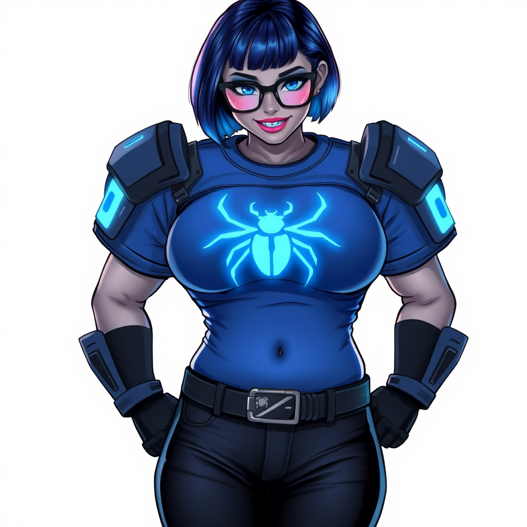 A 28-year-old, full-figured, metallic middle gray skinned cyberpunk computer program hybrid with a short maximum blue bob cut. She has a non-athletic build, highlighted by a prominent, round midsection (with a focus on her round belly). As a digital sidekick to her cyberpunk vigilante boyfriend, her middle gray metallic skin and maximum blue lipstick emphasize her digital nature. She wears a digital, computerized costume consisting of a huge, tight-fitting, neon blue glowing armored, maximum blue t-shirt (accentuating her belly) with a neon blue glowing chest icon of a beetle, black pants, a black belt with a neon blue glowing digital beetle buckle, and black hi-tech gloves. Her bright blue eyes, black eyeglasses with lenses glowing bright neon blue, and shy smile with neon red blush accentuate her nerdiness. She bashfully bows her head (while still facing the screen) with her hands behind her back, her t-shirt covers her midsection (especially her belly) and emphasizes her full-figured, non-athletic physique. She is on a solid white background. She is drawn as if she was in a retro 2D cyberpunk fighting game. She is clearly non-athletic, with a focus on her full figure. Make sure her outfit covers all of her bare skin (especially her midsection).