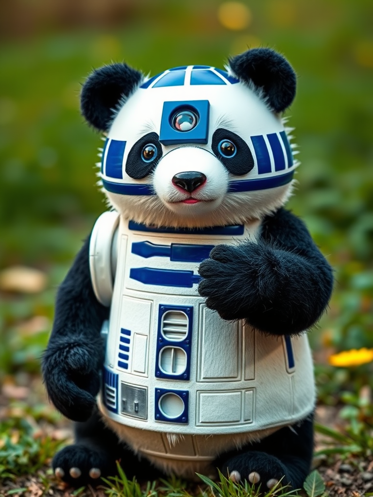 A panda bear dressed up as R2D2