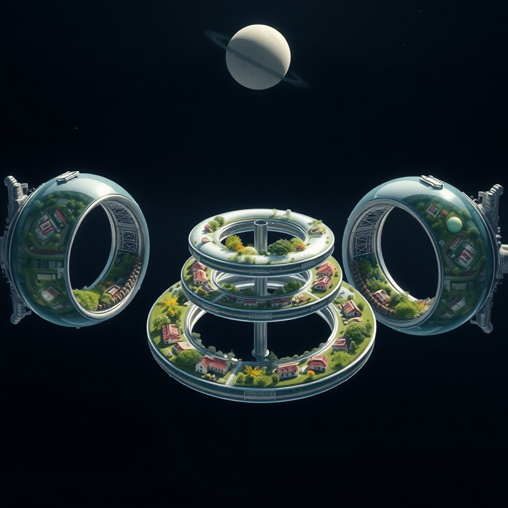 Three space stations parallel to each other, each with 5 glass doughnut rings stacked on a metal rod in the center, are orbiting a grey planet at a distance. Each ring contains neighborhoods of houses and is full of plants, trees, bushes, flowers, and grass.