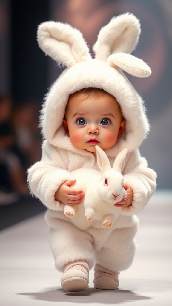 A cute small chubby fair baby big eyes pink lips pink cheeks wearing a furry cozy white rabbit costume doing ramp walk in a fashion show walking with a real white big rabbit holding in hands cinematic