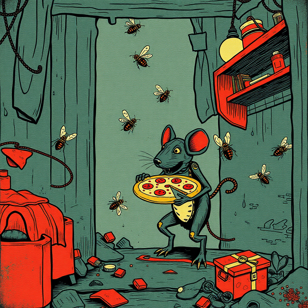 A cyborg rat delivering pizza to bees in a decayed apartment, Chinese woodcut