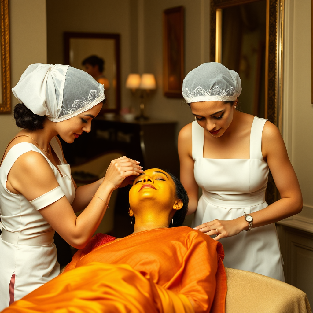 2 slim French maids, wearing hair nets, working in a beauty parlour, giving a turmeric facial to a rich, traditional Indian wife.