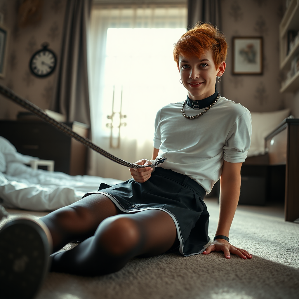 photorealistic, ultra high resolution, 16K, surreal fantasy, soft studio lighting, Tyler Swift is a pretty 18 year old goth male, slim male physique, auburn hair, goth makeup, earrings, shiny black pantyhose, UK girls-school uniform, Mary-Jane shoes, spikey neck collar chain and leash, on all fours in the bedroom, his boyfriend is holding the end of the leash, in daylight, excited smile, facing the camera.