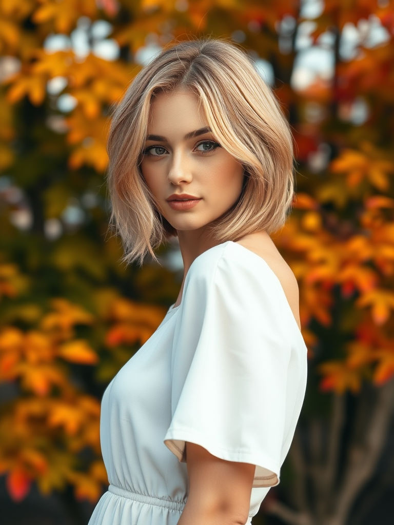 Beautiful close-up model in a short white dress, golden blonde bob haircut, with beautiful autumn foliage in the background, in high definition.