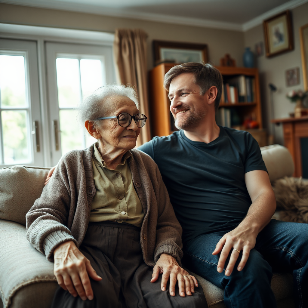 In a scene viewed from an angle and slightly above: In an old-fashioned English living room, a very frail and thin, very elderly English lady with a kind smile, short, thinning white curly hair, wrinkled face, neck and skin, wearing thin framed glasses, an old cardigan, blouse and long skirt is sitting on a sofa with an English man about 40 years old, grey stubble on his chin, brown hair, sitting close next to her on the same sofa, wearing a black T-shirt and dark blue jeans. The man and woman are smiling at each other.