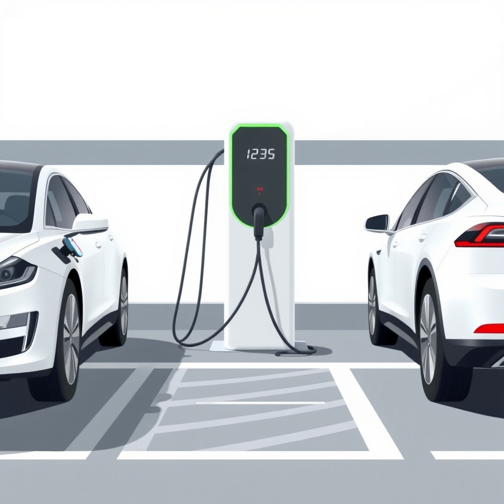 An illustration of an electric vehicle (EV) charging station with two cars, one on each side, connected to the charger. The charger should be a modern, sleek design, perhaps with a digital display. The cars should be realistic, mid-sized electric vehicles in neutral colors like white, gray, or black. The scene should be set in a parking lot or garage, with a simple background that focuses the attention on the charging station and the two connected cars. The overall style should be clean, minimalist, and technically accurate.