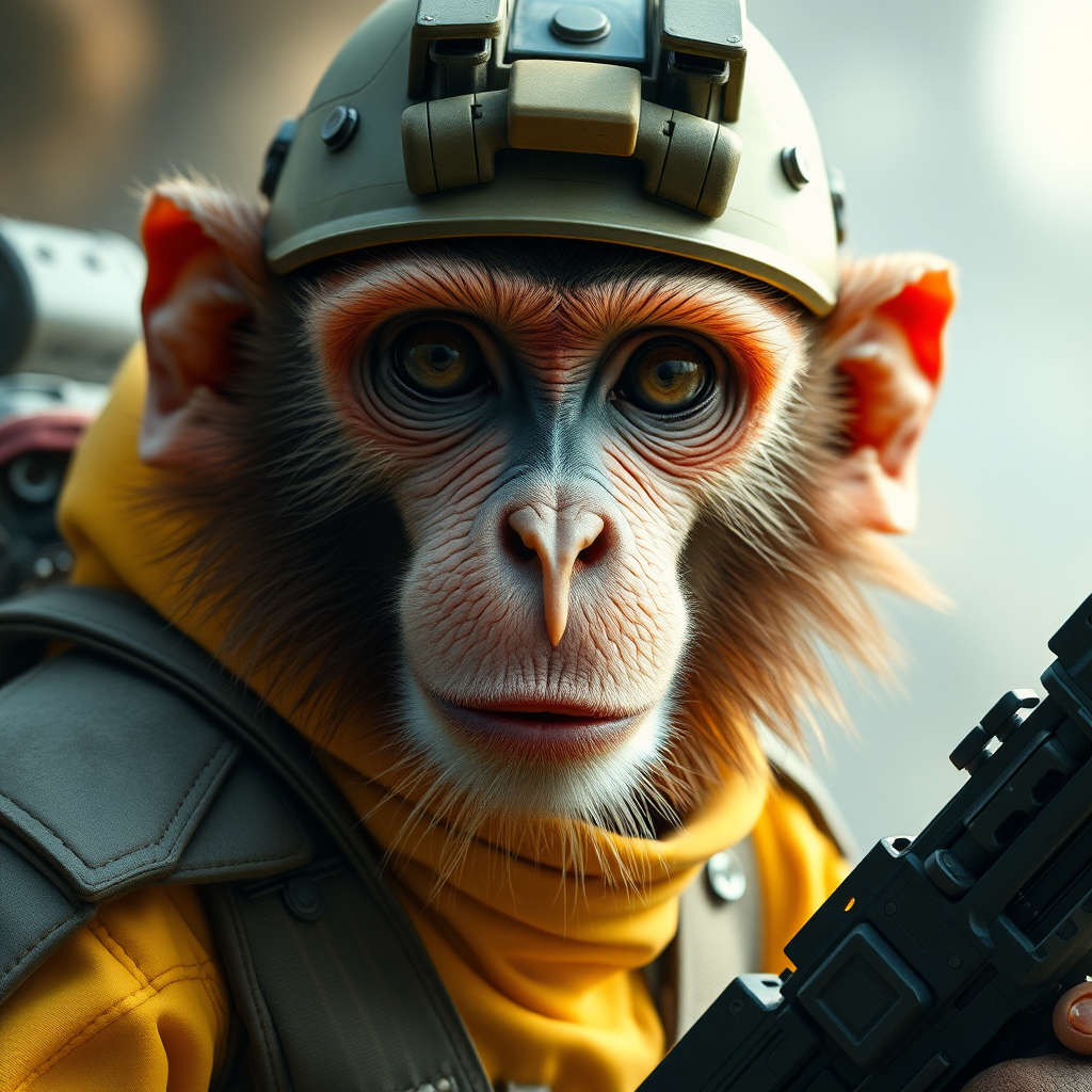 proboscis monkey (nasalis larvatus) soldier in futuristic battle gear