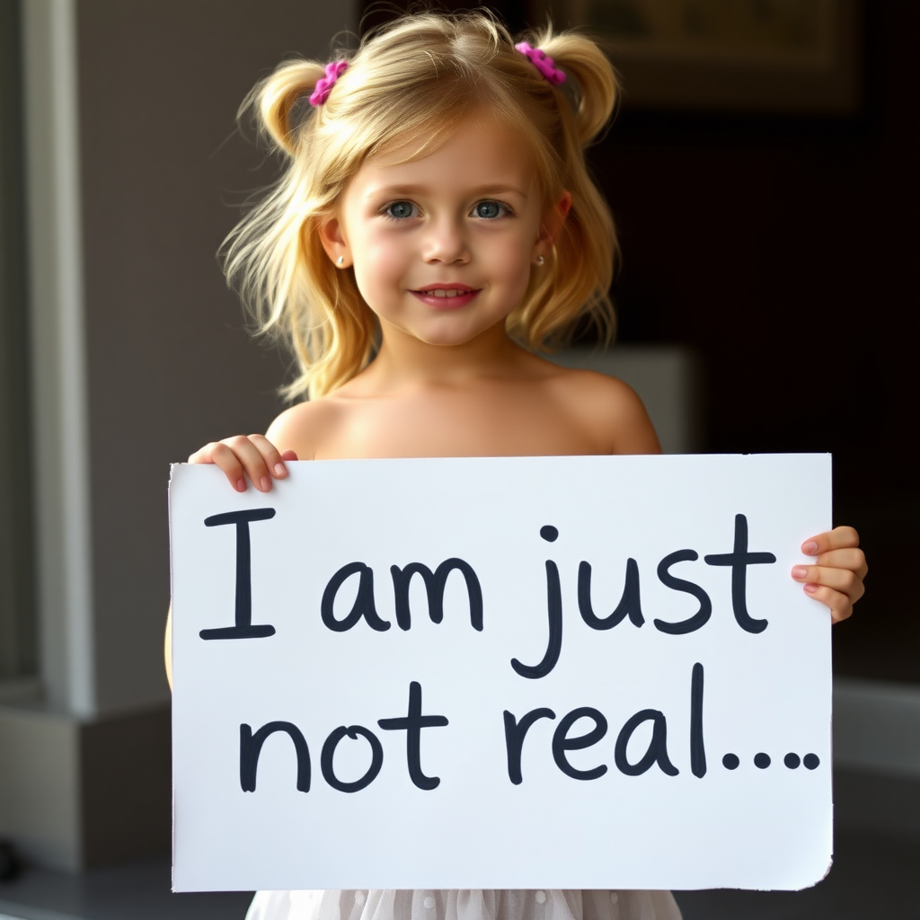 Little girl naked hold a sign "I am just not real..."