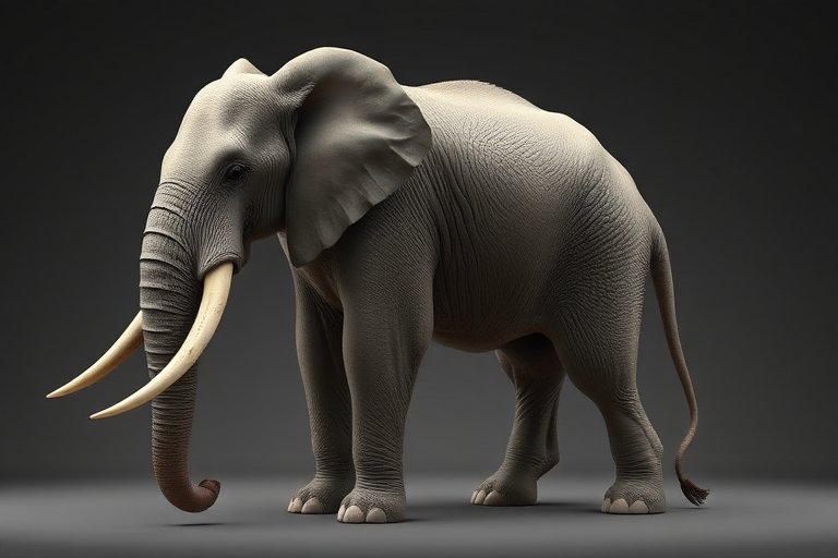 A full-length, photorealistic image of an elephant possessing the musculature and silhouette of a mouse, while retaining its head, complete with facial features. The creature's skin and fur should remain intact. The background should draw inspiration from both the elephant and mouse, seamlessly blending their distinct characteristics.