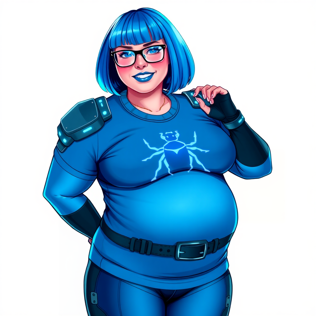 A 28-year-old, full-figured, metallic maximum blue (5PB 5/10) skinned computer program hybrid with a maximum blue bob cut. She has a non-athletic build, highlighted by a prominent, round, large midsection (with emphasis on her round large belly), which shows the effects of her new love of junk food acquired from her boyfriend. As the full-figured, nerdy, digital sidekick to her cyberpunk vigilante boyfriend, her metallic maximum blue skin and maximum blue lipstick (5PB 5/12) emphasize her digital nature. Her skin has a subtle, animated glow, with digital patterns occasionally flickering across it, making her digital nature obvious. She wears a digital, computerized costume, consisting of a massive, tight-fitting, maximum blue t-shirt (5PB 5/12) made out of advanced nanotech with a neon blue glowing chest icon of a beetle, hi-tech shoulder pads with neon blue accents, a black hi-tech belt with a digital neon blue glowing buckle, digital maximum blue biker pants (5PB 5/12) with neon blue accents, and black hi-tech fingerless biker gloves with neon blue glowing accents. Her neon blue glowing eyes, black eyeglasses with neon blue glowing lenses equipped with a built-in HUD, and bashful smile with neon red blush accentuate her nerdiness. She stands bashfully with one hand behind her back and the other hand gently touching her cheek, her costume covering all her skin and emphasizing her full figure (especially her round large belly). She is clearly non-athletic, with a focus on her full-figured physique. Despite her build, she radiates beauty. She has a slim face compared to her physique, accentuating her radiant beauty. She is on a solid white background. She is drawn as if she were in a retro 2D cyberpunk fighting game.