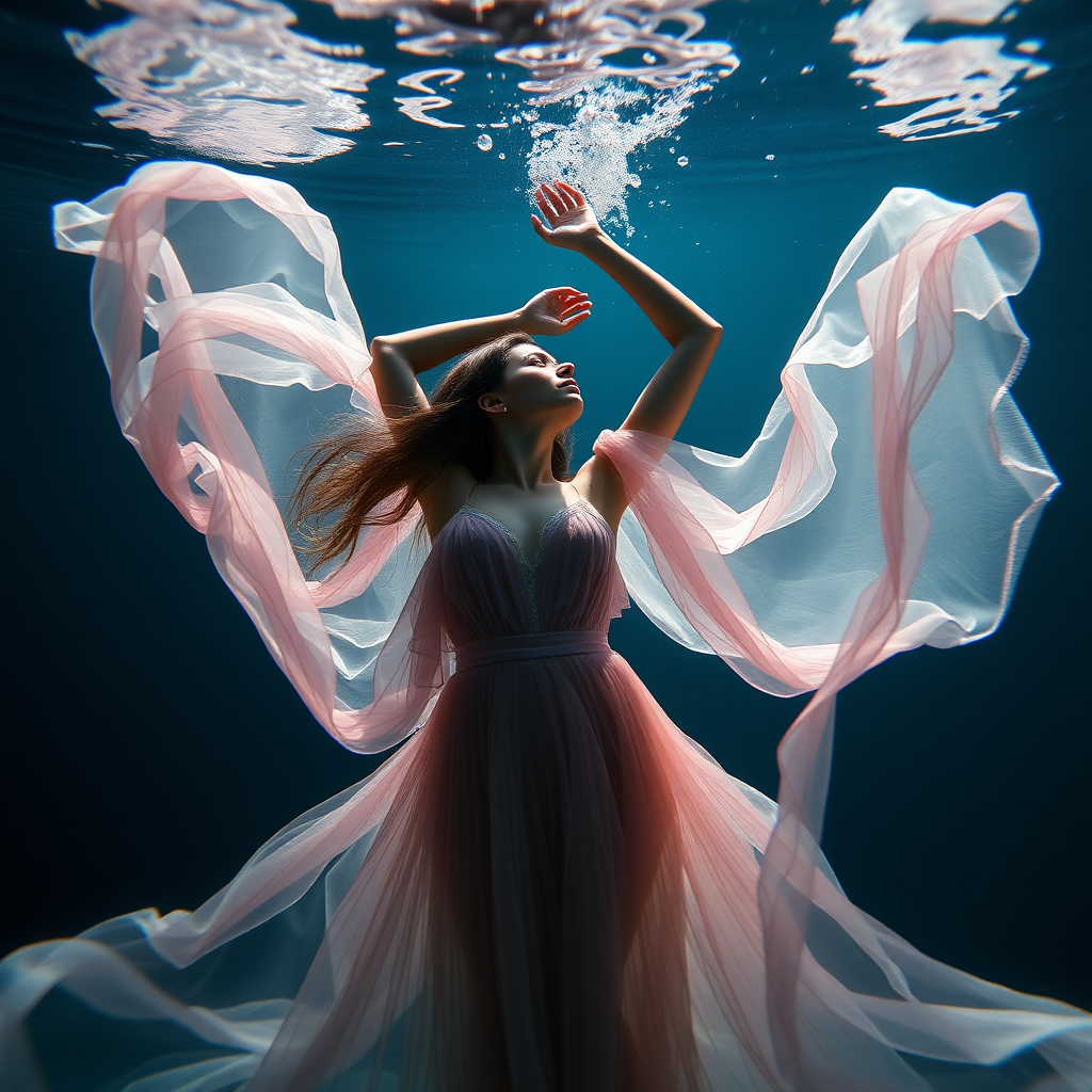 instagram beauty dancing underwater in gossamer diaphanous flowing gown, dark deep waters and dramatic lighting, crystal clear water her arms are up over her head stunning hd DSLR photography