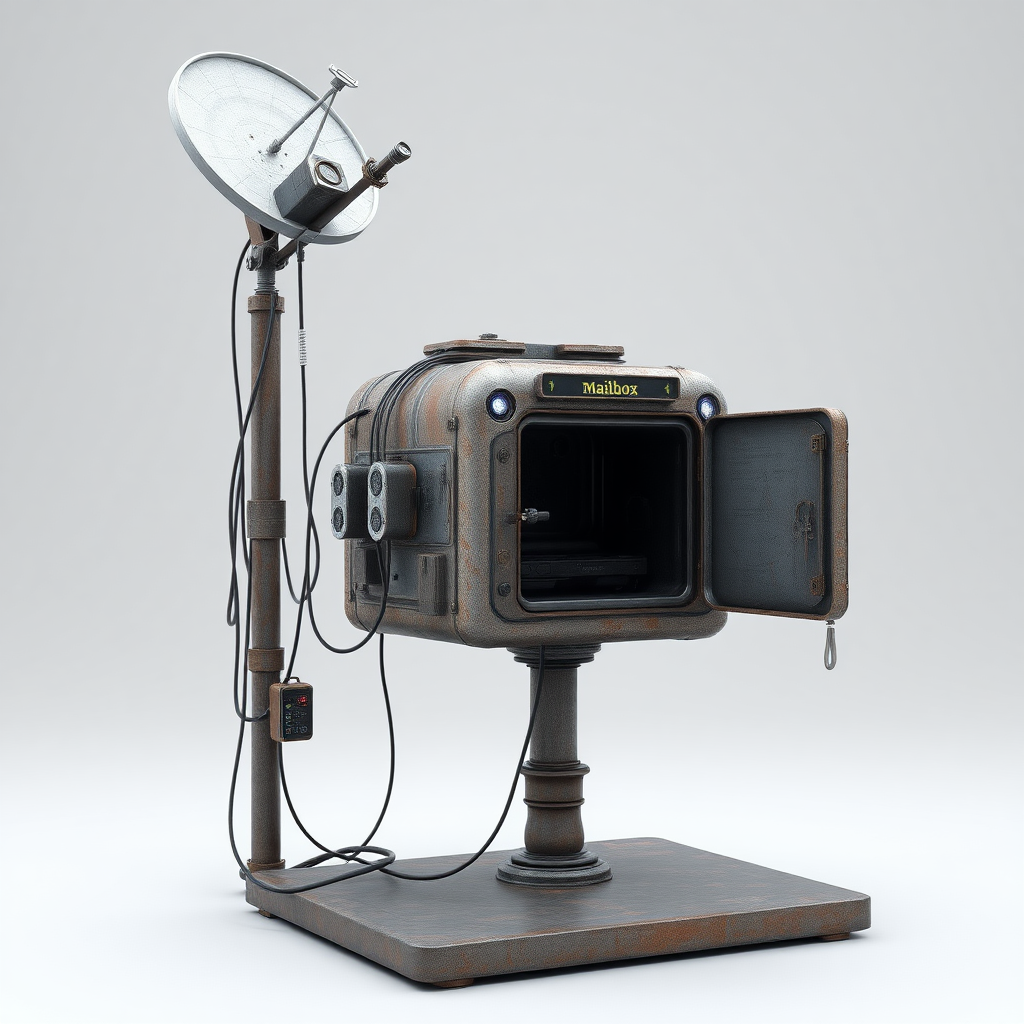 A full shot image of a stand, 3d model in unreal engine of a scifi interdimensional mailbox with a open door, on the side of it is a pole with a satellite dish on top. lots of cables connecting the satellite and mailbox, small lights and buttons on the mailbox. rustic texture, futuristic design.