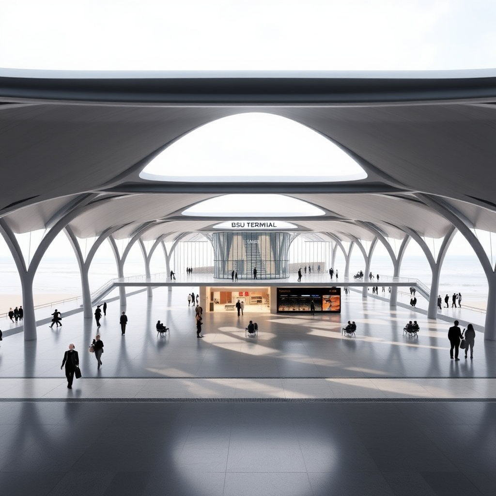 Concept design of a bus terminal inspired by Sendai Mediatheque 
Architect: Toyo Ito with stilt floor and staggered flooring with 2 storey structure bus terminal should be open, fluid, public space with commercial space the bus terminal has beach in west side. architecture structural form.