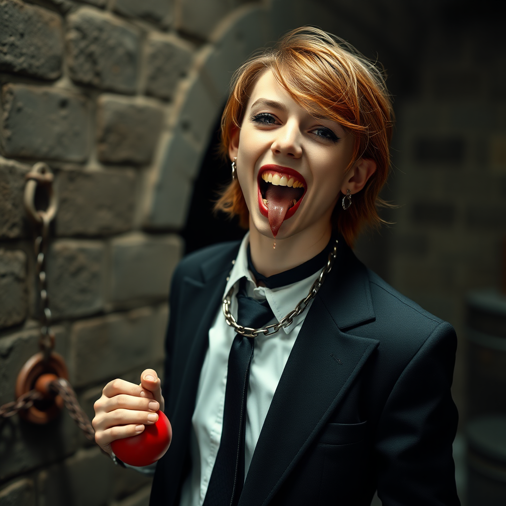 photorealistic, ultra high resolution, 16K, surreal fantasy, soft studio lighting, Tyler Swift is a pretty 18 year old goth male vampire, slim male physique, auburn hair, vampire fang teeth, goth makeup, earrings, shiny black pantyhose, school uniform shirt tie and blazer, Mary-Jane shoes, spikey neck collar chain and leash, red ball-gag, in a dungeon, the end of the leash is chained to the wall, in daylight, excited open mouth smile, drooling a stream of saliva, facing the camera.