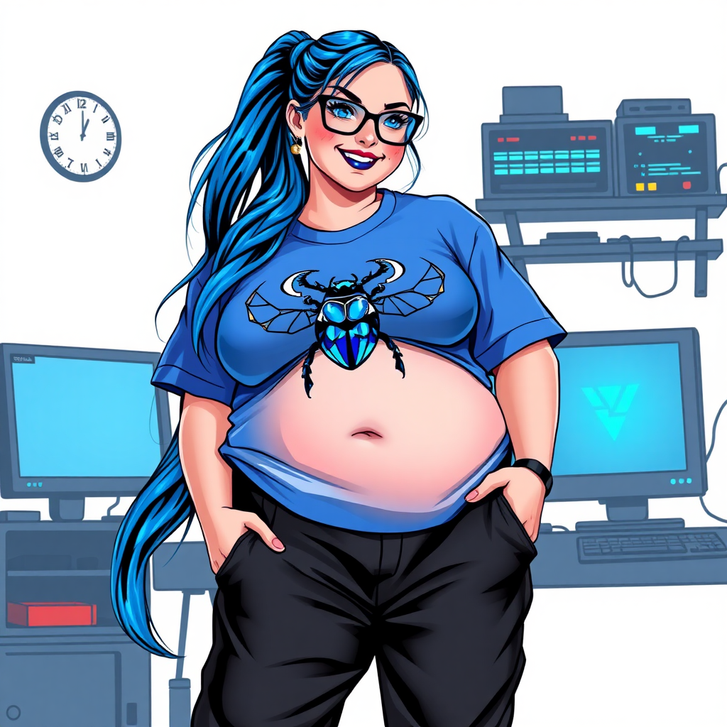 A cyberpunk vigilante's 28-year-old computer science major nerdy, full figured, heavily pampered computer hacker and tech-wiz girlfriend with a long, maximum blue ponytail. She wears maximum blue lipstick and has bright blue eyes. Her outfit includes an oversized, maximum blue t-shirt (accentuating her gargantuan midsection) featuring a maximum blue gemstone beetle chest emblem. She sports black eyeglasses, black sweatpants, with a beaming smile and neon red blush. Her full figure reflects the doting care of her vigilante boyfriend. As her boyfriend's tech-wiz, she primarily works in his hideout, operating from her workbench and her computer desk. The background is solid white. She has a prominent, round, gargantuan midsection. Her midsection is bloated to emphasize her physique. She is drawn as if she was in a retro 2D cyberpunk fighting game.