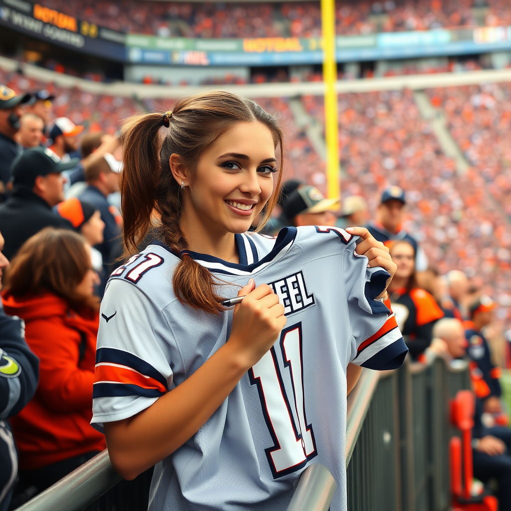 Attractive female NFL fan, pigtail hair, inside crowded front row stadium barricades, holding a spare jersey, asking to write an autograph on the spare jersey, in NFL stadium