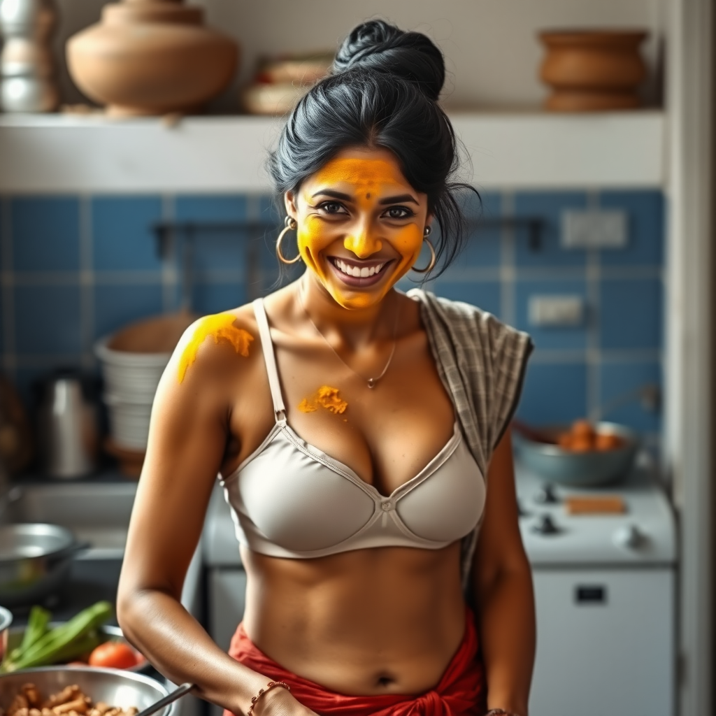 A skinny, happy, 30 year old, traditional Indian wife with a pencil hair bun, wearing a bra, skirt and a short towel on her shoulder. She is preparing food in the kitchen. Her face is covered with turmeric face mask.