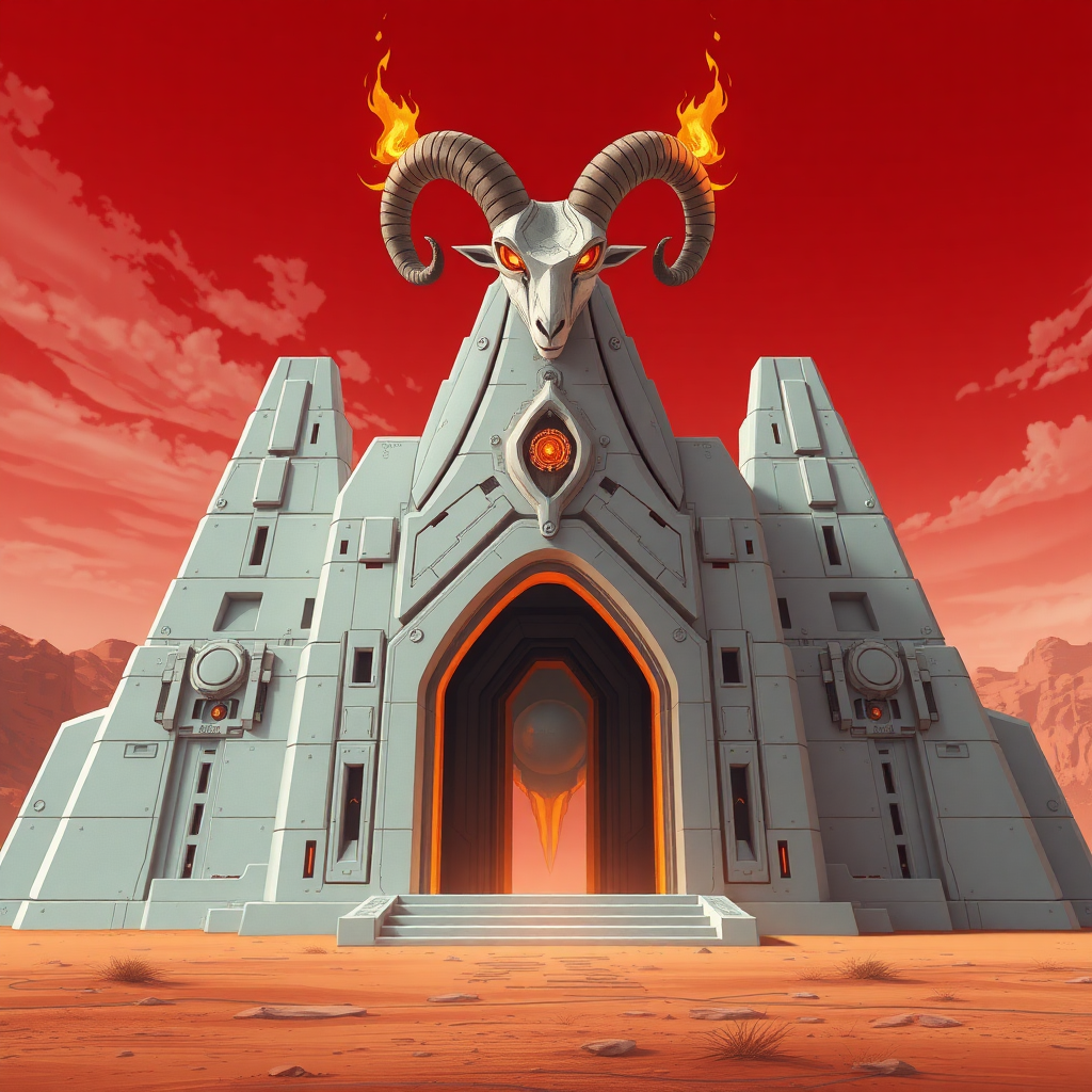 Anime, Desert-red background, a technological-ziggurat large white-re-temple, the entrance is shaped to like a female reproductive system and a vagina, a ram horn on the top with 2 burning eyes