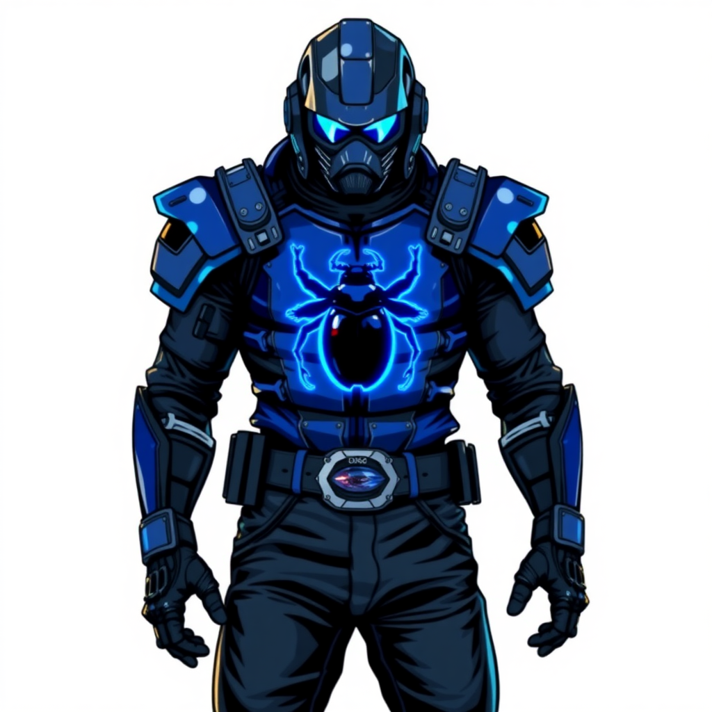 A 28-year-old cyberpunk vigilante stands heroically, clad in high-tech, maximum blue leather armor featuring a neon blue glowing beetle on the chest. They wear black biker pants, a black belt with a sapphire beetle buckle, and a head covering helmet resembling a sleek, tactical design, but colored maximum blue with neon blue glowing lenses. Their hands are protected by black metal gloves, all set against a solid white background. He is drawn as if he was in a retro 2D cyberpunk fighting game.