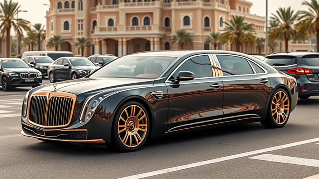 A photo of a futuristic Maybach designed sedan with 4 doors. The car is with golden ornamentation. The car is parked on a street in Dubai with heavy traffic. The background sultan's home.