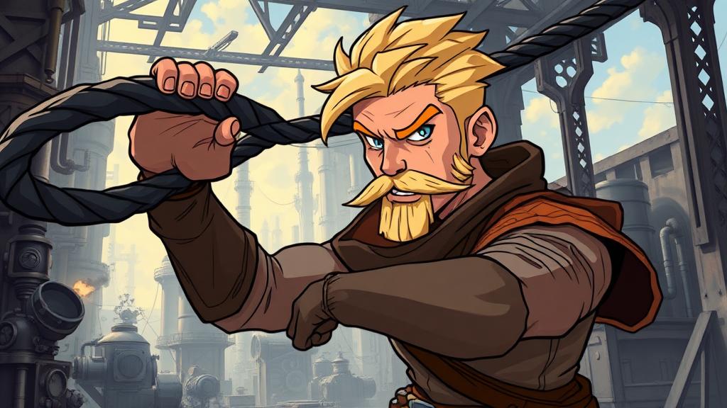 Concept art for an RPG class: Steelbreaker. A blond-haired, mustached earthbender in rogue-like attire bends an iron whip from a dark steel pipe. He has a focused expression and a tense posture as the dark iron whip lashes aggressively in the air. The background shows a steampunk medieval fantasy city during the day, in a factory setting filled with machines and steel beams. The scene is dynamic, filled with impulsive movement and energy. Rendered in a modern cartoon style like 'Avatar,' with thick black outlines, flat colors, and detailed lighting and shading.