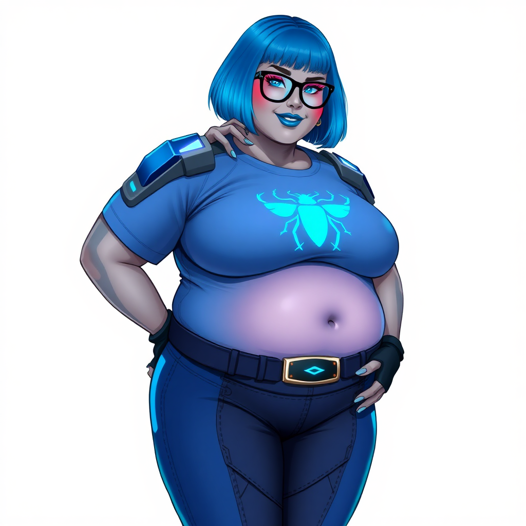 A 28-year-old, full-figured, middle gray skinned computer program hybrid with a maximum blue bob cut. She has a non-athletic build, highlighted by a prominent, round, large midsection (with heavy emphasis on her large belly). As the full-figured digital sidekick to her cyberpunk vigilante boyfriend, her middle gray metallic skin and maximum blue lipstick emphasize her digital nature. She wears a digital, computerized costume inspired by DC’s Carrie Kelly Robin, consisting of a huge, tight-fitting, maximum blue t-shirt with a neon blue glowing chest icon of a beetle, hi-tech shoulder pads with neon blue accents, a black hi-tech belt with a digital neon blue glowing buckle, digital maximum blue pants with neon blue accents, and black hi-tech fingerless biker gloves with neon blue glowing accents. Her bright blue eyes, black eyeglasses with a neon blue glowing HUD built into the lenses, and shy smile with neon red blush accentuate her nerdiness. She stands bashfully with one hand behind her back and the other hand gently touching her cheek, her costume covering all her skin and emphasizing her full-figured physique (especially her belly). She is clearly non-athletic, with a heavy focus on her large belly. Despite her build, she radiates beauty. She has a slim face compared to her physique, accentuating her radiant beauty. She is on a solid white background. She is drawn as if she were in a retro 2D cyberpunk fighting game.